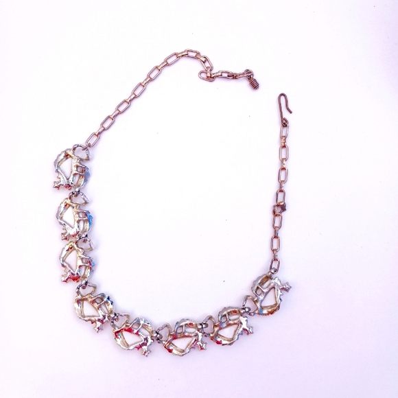 VINTAGE NECKLACE white thermoset silvertone rhinestones Mid-century 16" length - Picture 8 of 11